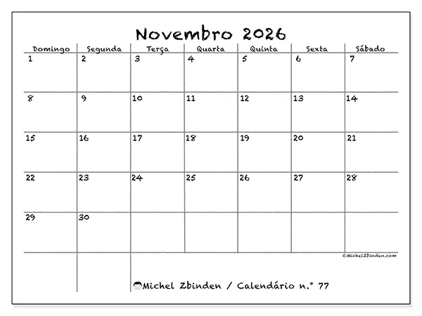 Calendário de novembro de 2026 para imprimir - Escola e família - Semana: de domingo a sábado