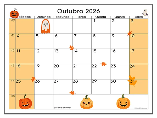 Calendário de outubro de 2026 para imprimir - Ambiente de Halloween - Semana: de domingo a sábado