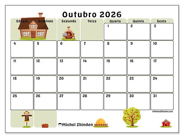 Calendário de outubro de 2026 para imprimir - Visita à quinta - Semana: de domingo a sábado