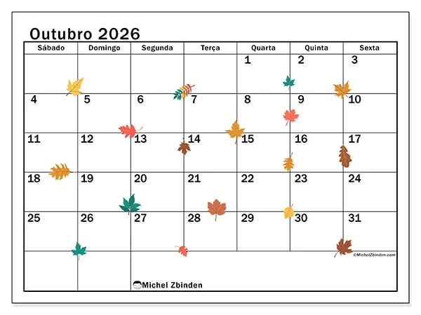 Calendário de outubro de 2026 para imprimir - Folhas de outono - Semana: de domingo a sábado