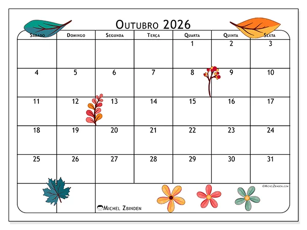 Calendário de outubro de 2026 para imprimir - Flores de outubro - Semana: de domingo a sábado