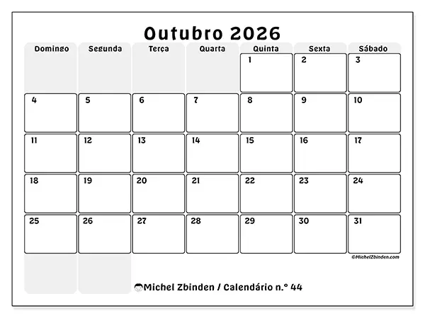 Calendário de outubro de 2026 para imprimir - Planeamento estruturado - Semana: de domingo a sábado