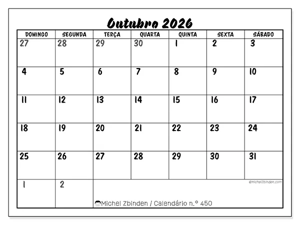 Calendário de outubro de 2026 para imprimir - Organização detalhada - Semana: de domingo a sábado