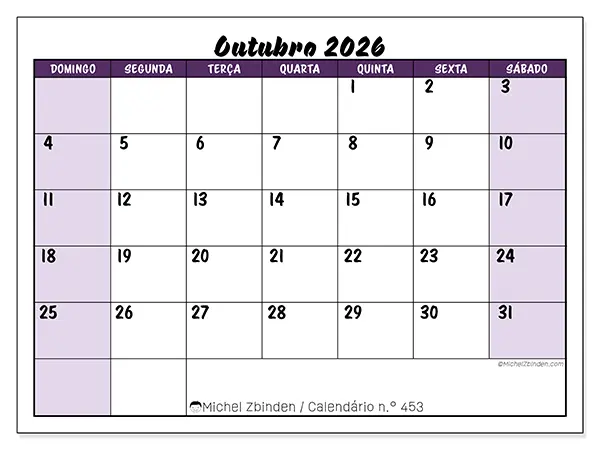 Calendário de outubro de 2026 para imprimir - Eficiência colorida - Semana: de domingo a sábado