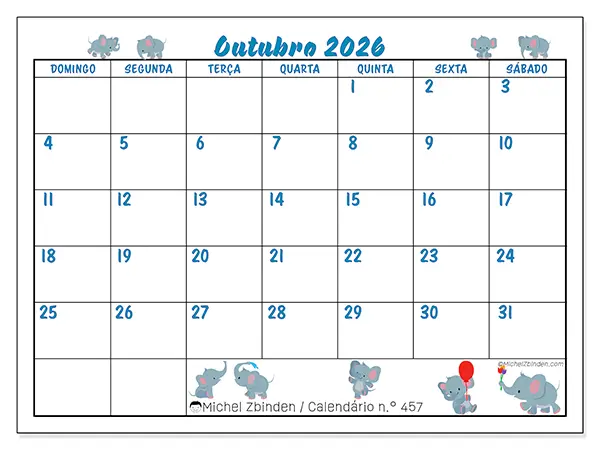 Calendário de outubro de 2026 para imprimir - Pequenos elefantes - Semana: de domingo a sábado