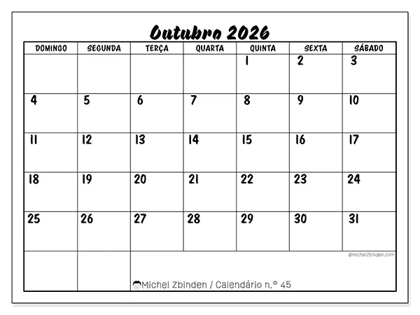 Calendário de outubro de 2026 para imprimir - Sucesso escolar - Semana: de domingo a sábado