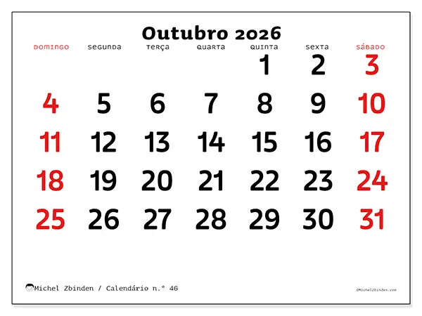 Calendário de outubro de 2026 para imprimir - Visão clara - Semana: de domingo a sábado