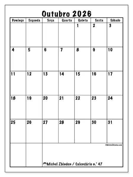 Calendário de outubro de 2026 para imprimir - Planeamento eficiente - Semana: de domingo a sábado