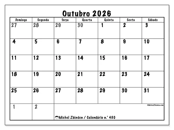 Calendário de outubro de 2026 para imprimir - Planeamento completo - Semana: de domingo a sábado