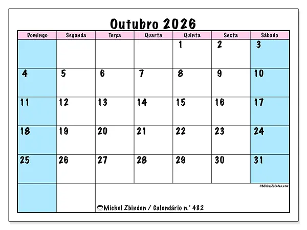 Calendário de outubro de 2026 para imprimir - Horário de equipa - Semana: de domingo a sábado