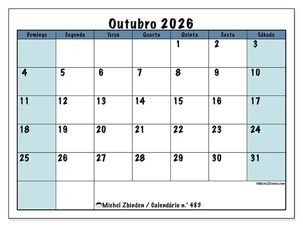 Calendário de outubro de 2026 para imprimir - Estrutura para a escola - Semana: de domingo a sábado