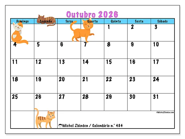 Calendário de outubro de 2026 para imprimir - Amor pelos gatos - Semana: de domingo a sábado
