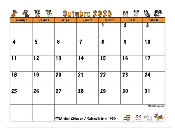 Calendário de outubro de 2026 para imprimir - Cães entusiasmados - Semana: de domingo a sábado