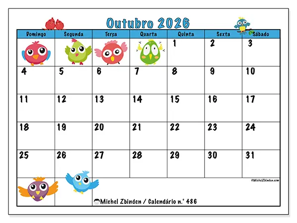Calendário de outubro de 2026 para imprimir - Pássaros divertidos - Semana: de domingo a sábado