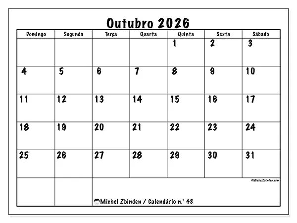 Calendário de outubro de 2026 para imprimir - Eficiência diária - Semana: de domingo a sábado