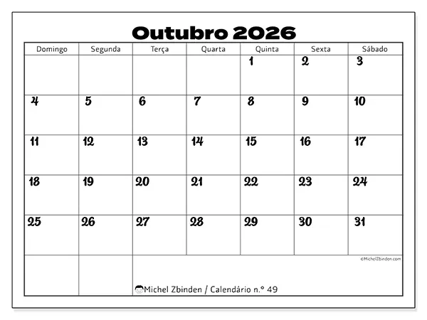 Calendário de outubro de 2026 para imprimir - Coordenação produtiva - Semana: de domingo a sábado