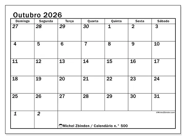 Calendário de outubro de 2026 para imprimir - Planeamento intensivo - Semana: de domingo a sábado