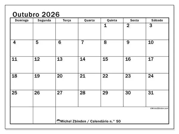 Calendário de outubro de 2026 para imprimir - Planeamento ideal - Semana: de domingo a sábado