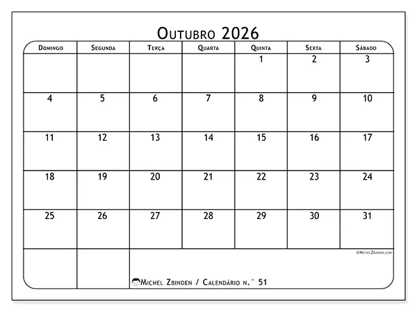 Calendário de outubro de 2026 para imprimir - Planeador de refeições - Semana: de domingo a sábado