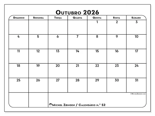 Calendário de outubro de 2026 para imprimir - Organização profissional - Semana: de domingo a sábado