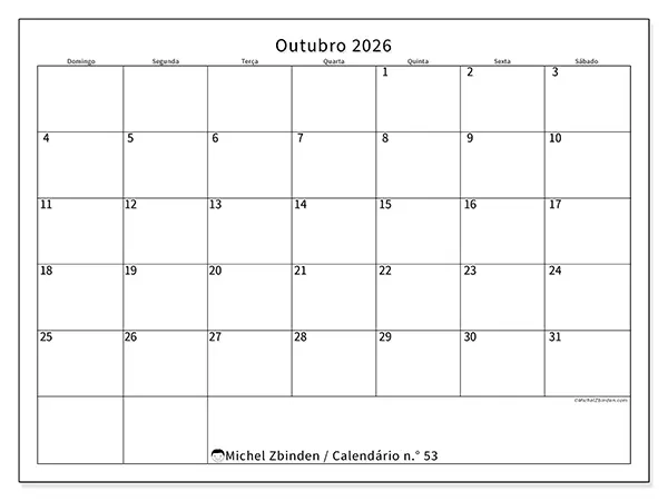 Calendário de outubro de 2026 para imprimir - Horário eficiente - Semana: de domingo a sábado