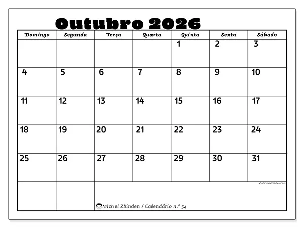 Calendário de outubro de 2026 para imprimir - Atividades em família - Semana: de domingo a sábado