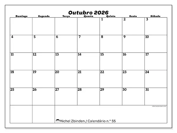 Calendário de outubro de 2026 para imprimir - Organização do lazer - Semana: de domingo a sábado