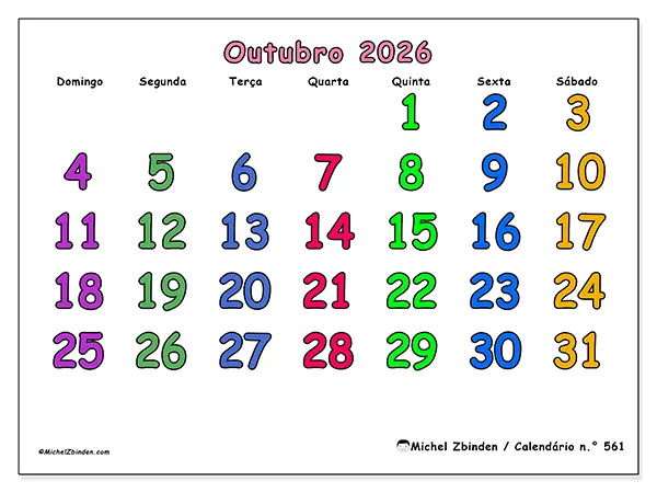 Calendário de outubro de 2026 para imprimir - Momentos criativos - Semana: de domingo a sábado