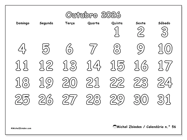 Calendário de outubro de 2026 para imprimir - Colorir útil - Semana: de domingo a sábado