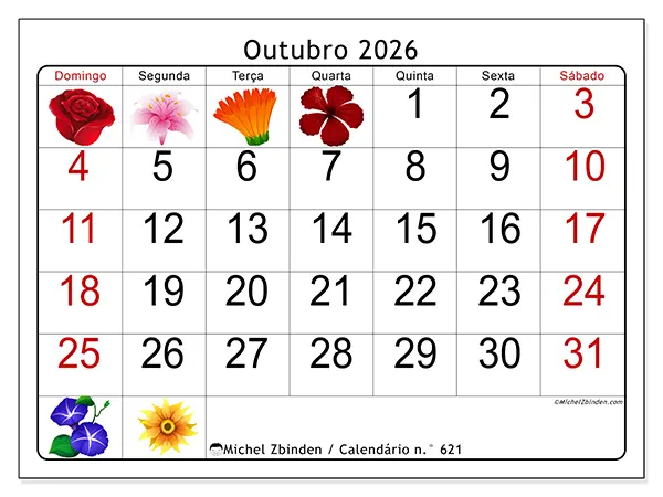 Calendário de outubro de 2026 para imprimir - Flores grandes - Semana: de domingo a sábado