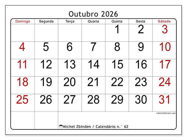Calendário de outubro de 2026 para imprimir - Leitura rápida - Semana: de domingo a sábado