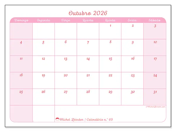 Calendário de outubro de 2026 para imprimir - Organização suave - Semana: de domingo a sábado