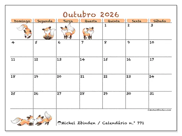 Calendário de outubro de 2026 para imprimir - Desenhos de raposas - Semana: de domingo a sábado