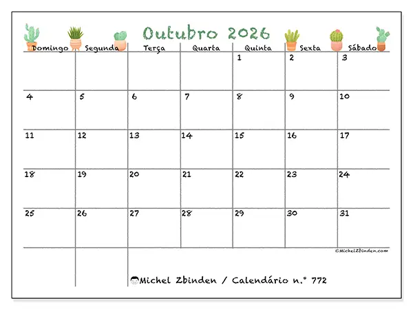 Calendário de outubro de 2026 para imprimir - Cactos decorativos - Semana: de domingo a sábado
