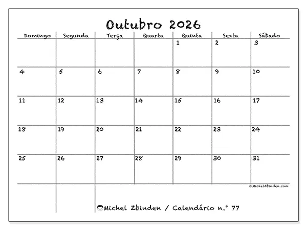 Calendário de outubro de 2026 para imprimir - Escola e família - Semana: de domingo a sábado