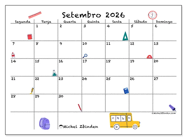 Calendário de setembro de 2026 para imprimir - Volta às aulas