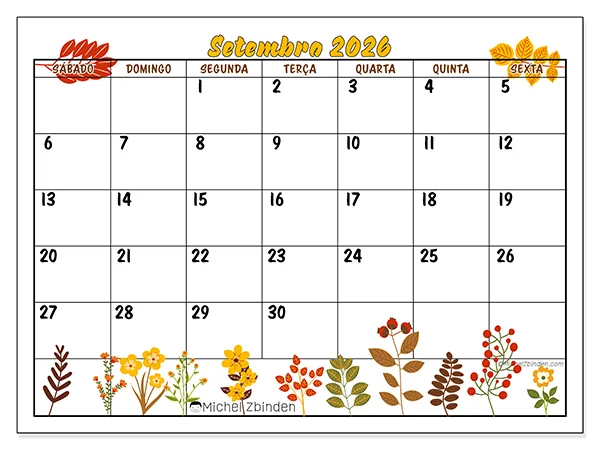 Calendário de setembro de 2026 para imprimir - Cores de outono - Semana: de domingo a sábado