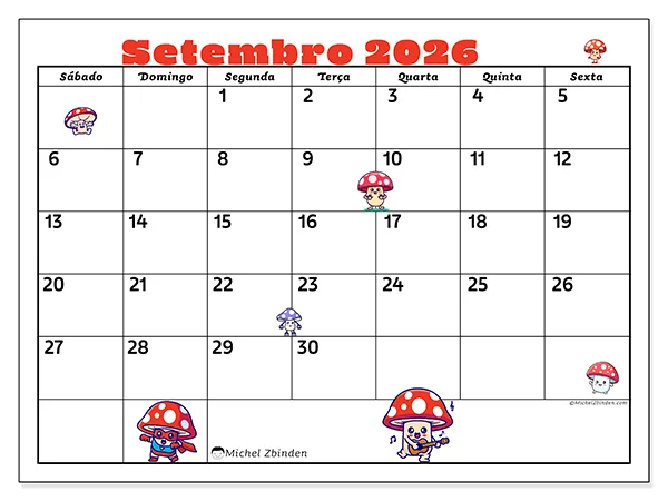 Calendário de setembro de 2026 para imprimir - Cogumelos de setembro - Semana: de domingo a sábado