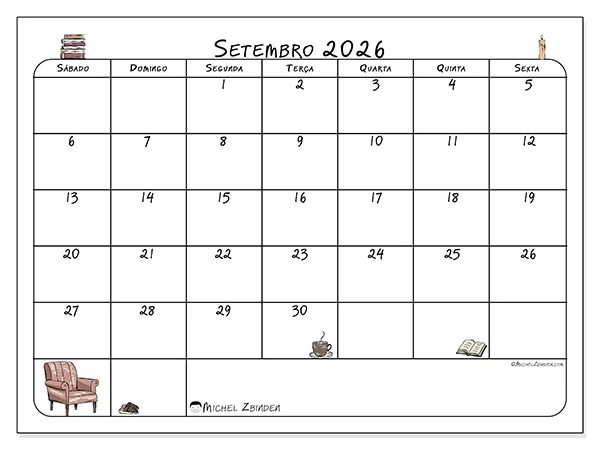 Calendário de setembro de 2026 para imprimir - Pausa para café e leitura - Semana: de domingo a sábado
