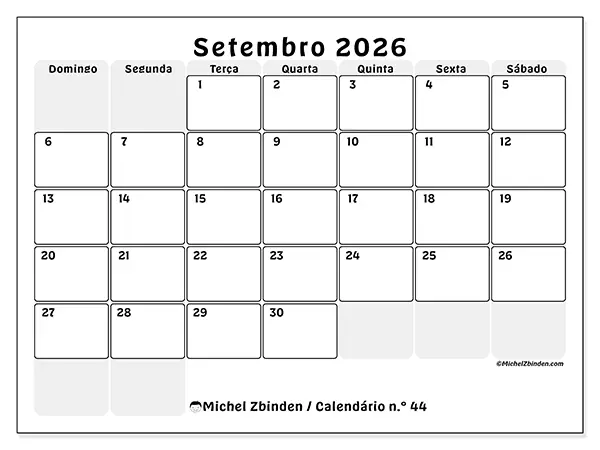 Calendário de setembro de 2026 para imprimir - Planeamento estruturado - Semana: de domingo a sábado