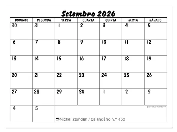 Calendário de setembro de 2026 para imprimir - Organização detalhada - Semana: de domingo a sábado