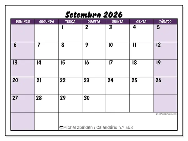 Calendário de setembro de 2026 para imprimir - Eficiência colorida - Semana: de domingo a sábado