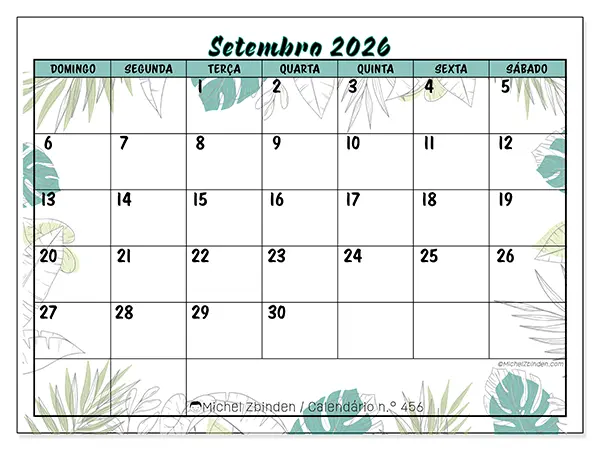 Calendário de setembro de 2026 para imprimir - Natureza e jardim - Semana: de domingo a sábado
