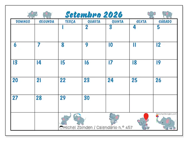 Calendário de setembro de 2026 para imprimir - Pequenos elefantes - Semana: de domingo a sábado