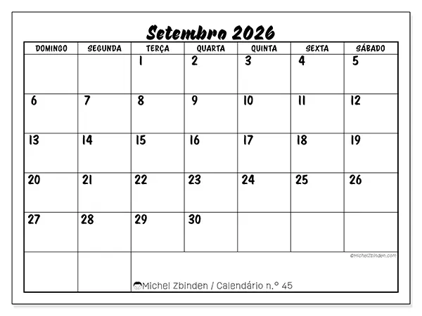 Calendário de setembro de 2026 para imprimir - Sucesso escolar - Semana: de domingo a sábado