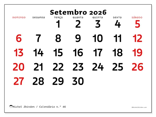 Calendário de setembro de 2026 para imprimir - Visão clara - Semana: de domingo a sábado