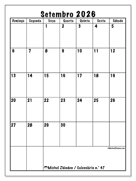 Calendário de setembro de 2026 para imprimir - Planeamento eficiente - Semana: de domingo a sábado