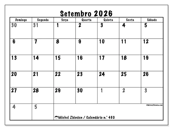 Calendário de setembro de 2026 para imprimir - Planeamento completo - Semana: de domingo a sábado