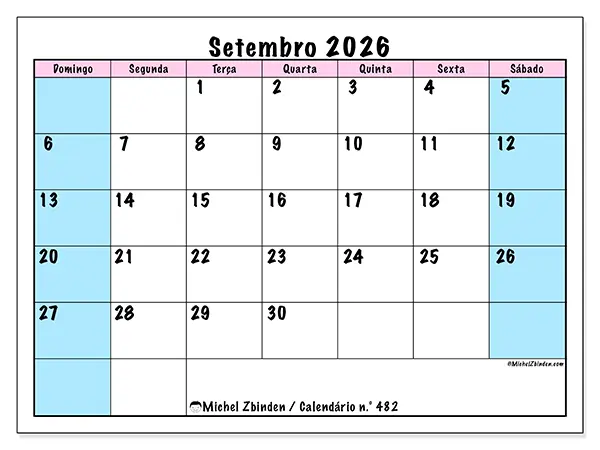 Calendário de setembro de 2026 para imprimir - Horário de equipa - Semana: de domingo a sábado