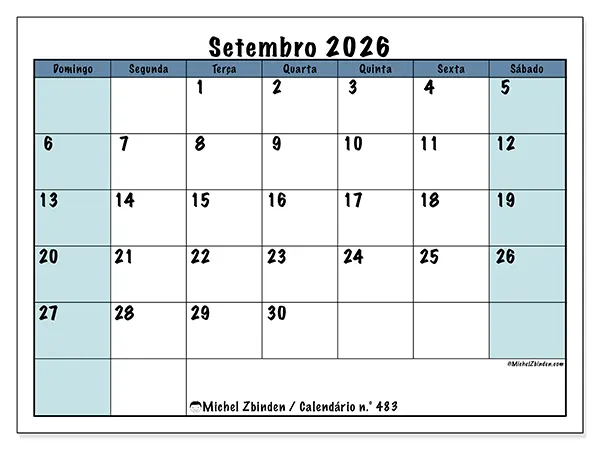 Calendário de setembro de 2026 para imprimir - Estrutura para a escola - Semana: de domingo a sábado